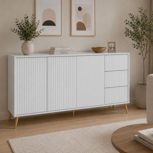 Credenza Bianco oro 3 Cassetti 2 Ripiani 179x40x98h cm, Apertura Battente, Scorrevole - Lenasi