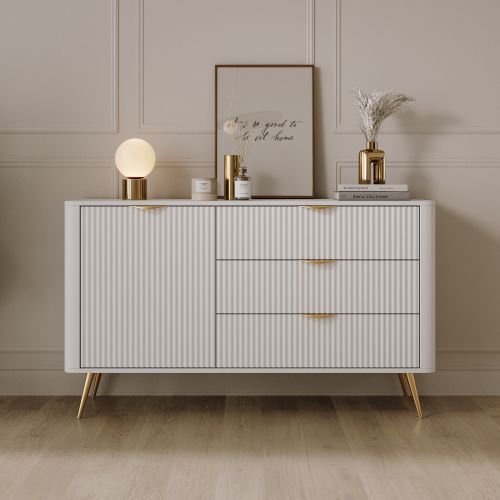 Credenza Bianco oro 3 Cassetti un Ripiano 138x38x81h cm, Apertura Battente, Scorrevole - Halilomo