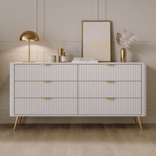 Credenza Bianco oro 6 Cassetti un Ripiano 163x38x81h cm, Apertura Scorrevole - Hali