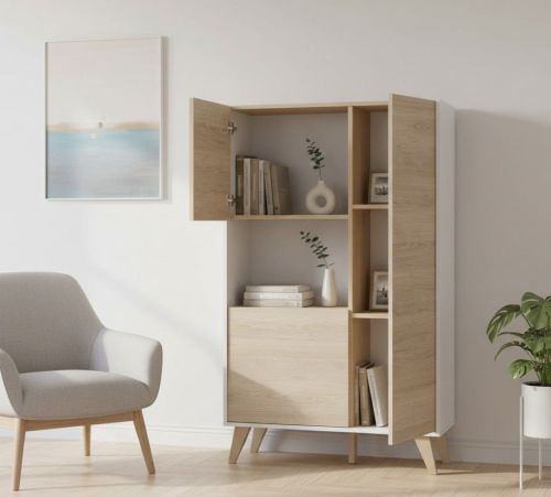 Credenza Boario, Buffet alto da soggiorno, Madia moderna da salotto a 3 ante, 81x43h135 cm, Rovere e Bianco