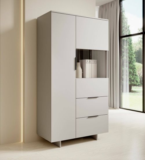 Credenza Braga, Madia da salotto con due ante battenti e due cassetti, Rialzato da terra, 90x42 h170 cm, Beige