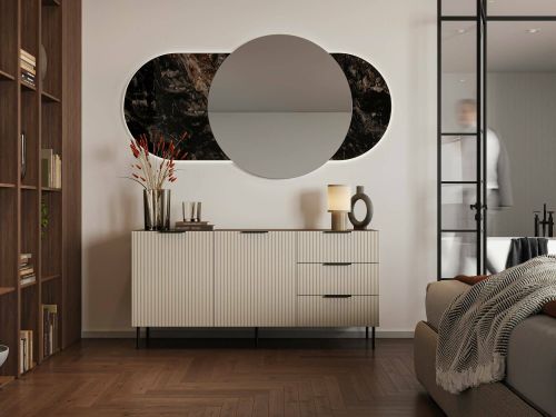Credenza Braganza, Madia da salotto con due ante battenti e tre cassetti, Rialzato da terra, 156x42 h75 cm, Noce e Beige
