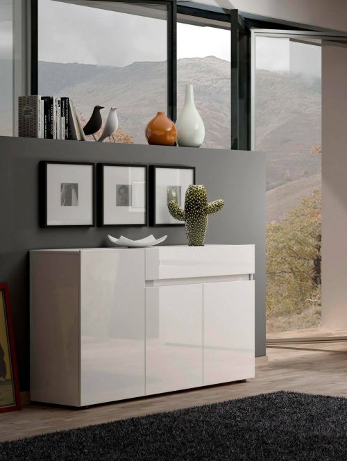 Credenza Brits, Buffet da soggiorno, Madia da salotto, Dispensa da cucina, Made in Italy, 135x38h79 cm, Bianco lucido