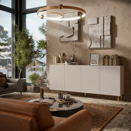 Credenza Cartaxo, Madia da salotto con quattro ante battenti, Rialzato da terra, 200x42 h82 cm, Beige