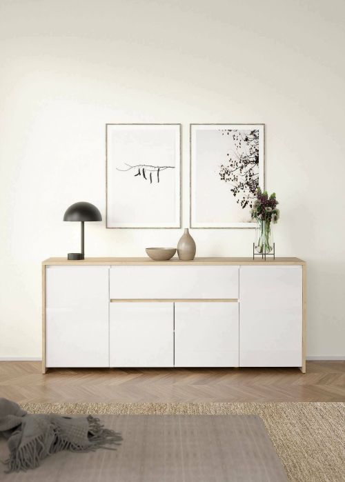 Credenza Charlize, Buffet da soggiorno, Madia da salotto, Dispensa da cucina, 48x197 h84 cm, Rovere e Bianco