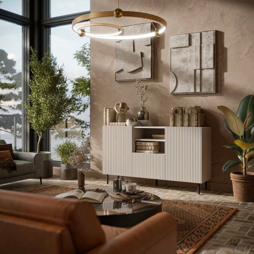 Credenza Chaves, Madia da salotto con due ante battenti, un cassetto e due vani aperti, Design con effetto cannettato, 150x42 h82 cm, Beige