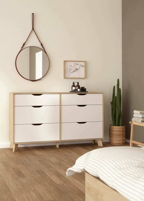 Credenza Christiane, Buffet da soggiorno, Madia da salotto, Dispensa da cucina, 40x156 h92 cm, Rovere e Bianco