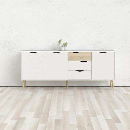 Credenza Claudette, Buffet da soggiorno, Madia da salotto, Dispensa da cucina, 195x39 h81 cm, Bianco e Quercia