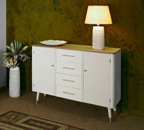 Credenza Clement, Buffet da soggiorno, Madia da salotto, Dispensa da cucina, 117x37 h90 cm, Bianco e Marrone