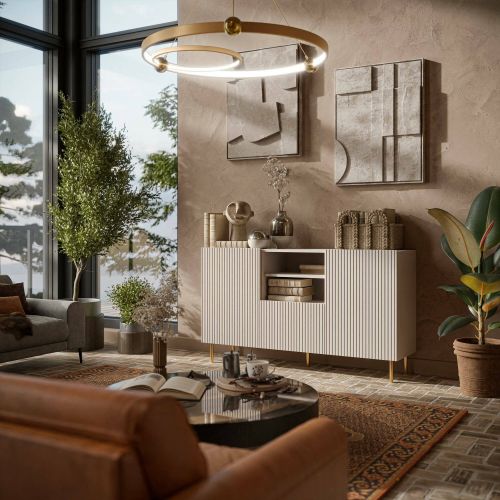 Credenza Coimbra, Madia da salotto con due ante battenti, un cassetto e due vani aperti, Design con effetto cannettato, 150x42 h82 cm, Beige