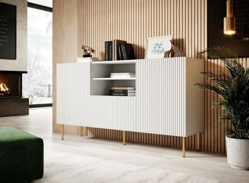 Credenza Coimbra, Madia da salotto con due ante battenti, un cassetto e due vani aperti, Design con effetto cannettato, 150x42 h82 cm, Bianco
