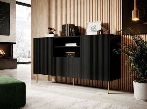 Credenza Coimbra, Madia da salotto con due ante battenti, un cassetto e due vani aperti, Design con effetto cannettato, 150x42 h82 cm, Nero