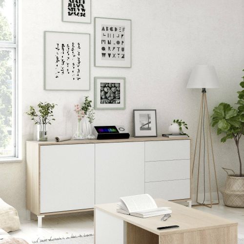Credenza Concord, Madia moderna a 2 ante e 3 cassetti, Buffet da soggiorno, Mobile porta TV, Madia per salotto, 154x41h74 cm, Rovere e Bianco