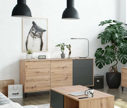 Credenza Concord, Madia moderna a 2 ante e 3 cassetti, Buffet da soggiorno, Mobile porta TV, Madia per salotto, 154x41h74 cm, Rovere nodi e Antracite
