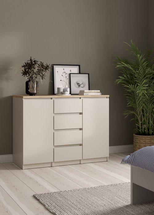 Credenza Crodo, buffet da soggiorno con 2 ante e 4 cassetti, madia da salotto e dispensa da cucina, 121x50 h91 cm, Beige