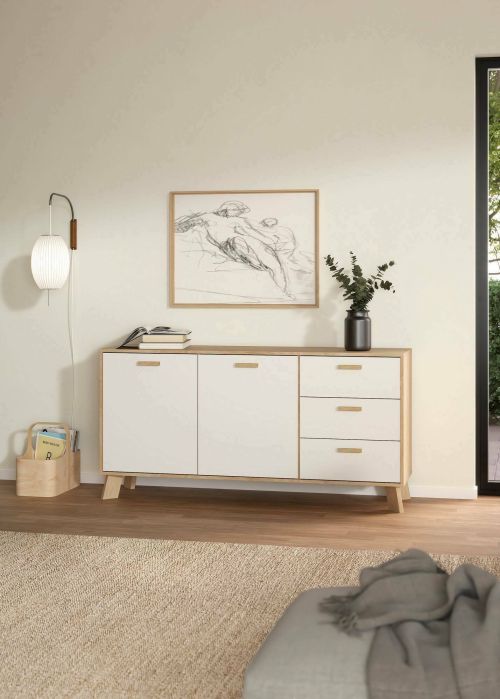 Credenza Cybel, Buffet da soggiorno, Madia da salotto, Dispensa da cucina, 39x147 h73 cm, Rovere e Bianco