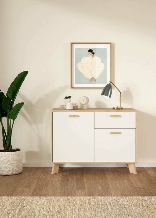 Credenza Deirdr, Buffet da soggiorno, Madia da salotto, Dispensa da cucina, 39x99 h73 cm, Rovere e Bianco