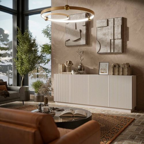 Credenza Elvas, Madia da salotto con quattro ante battenti, Design con effetto cannettato, 150x40 h78 cm, Beige