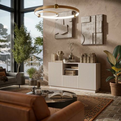 Credenza Ermesinde, Madia da salotto con due ante battenti, un cassetto e due vani aperti, Design con effetto cannettato, 150x40 h78 cm, Beige