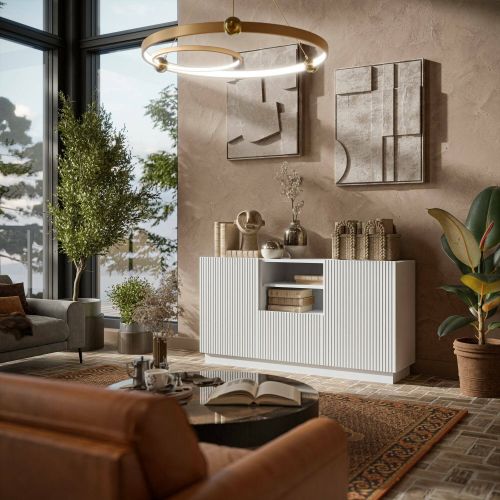 Credenza Ermesinde, Madia da salotto con due ante battenti, un cassetto e due vani aperti, Design con effetto cannettato, 150x40 h78 cm, Bianco