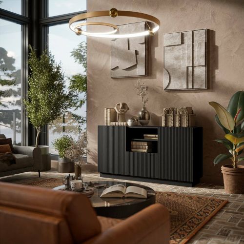 Credenza Ermesinde, Madia da salotto con due ante battenti, un cassetto e due vani aperti, Design con effetto cannettato, 150x40 h78 cm, Nero