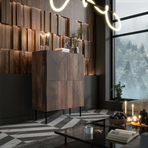 Credenza Esmoriz, Madia da salotto con due ante battenti, Rialzato da terra, 118x40 h89 cm, Noce
