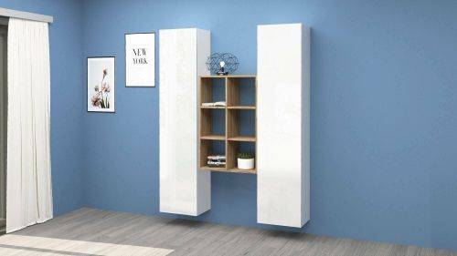 Credenza Franco, Set da soggiorno a 2 ante e ripiani, Buffet da soggiorno, Madia da cucina, 100% Made in Italy, cm 140x30h180, Bianco lucido e Acero