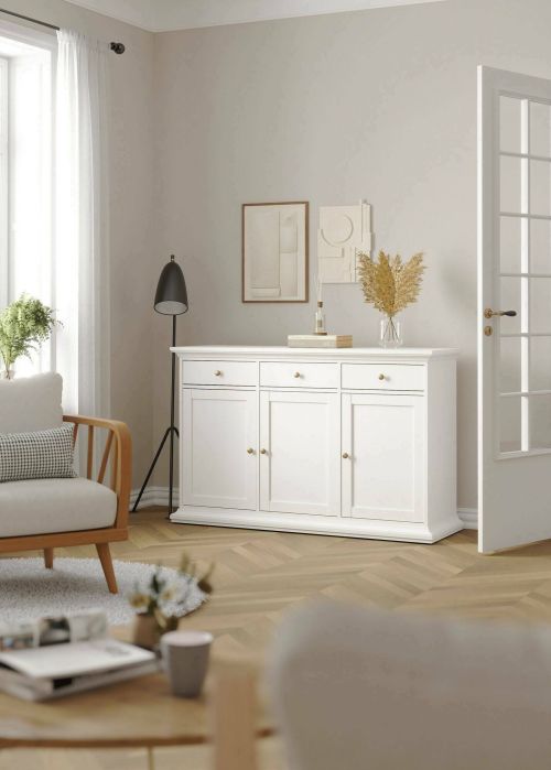 Credenza Frederique, Buffet da soggiorno, Madia da salotto, Dispensa da cucina, 144x46 h92 cm, Bianco