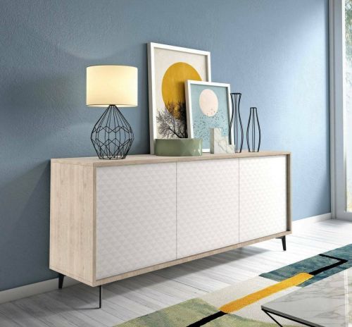 Credenza Fresia, Mobile buffet a 3 ante e 1 ripiano regolabile, Madia elegante da soggiorno, Mobile porta TV, 100% Made in Italy, 184x45h77 cm, Bianco e Rovere