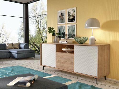 Credenza Garofano, Mobile buffet a 2 ante e 2 cassetti, Madia elegante da soggiorno, Mobile porta TV, 100% Made in Italy, 184x45h77 cm, Bianco e Rovere