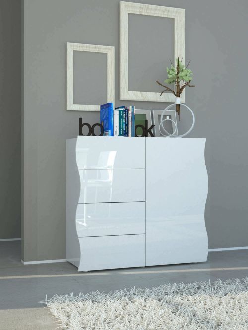 Credenza Giuseppe, Madia da cucina a 4 ante e 1 cassetto, Buffet da soggiorno, 100% Made in Italy, cm 90x40h81, Bianco lucido