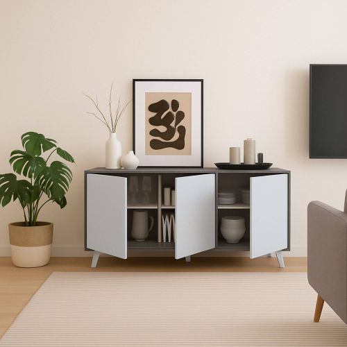 Credenza grigia chiaro e bianca porta piatti 153x39x72h cm 3 ante - Annina