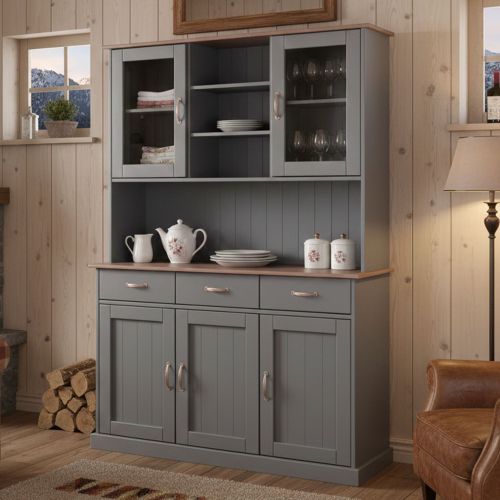 Credenza Grigio 3 Cassetti 6 Ripiani 131x45x191h cm, Apertura Battente, Scorrevole - Castana