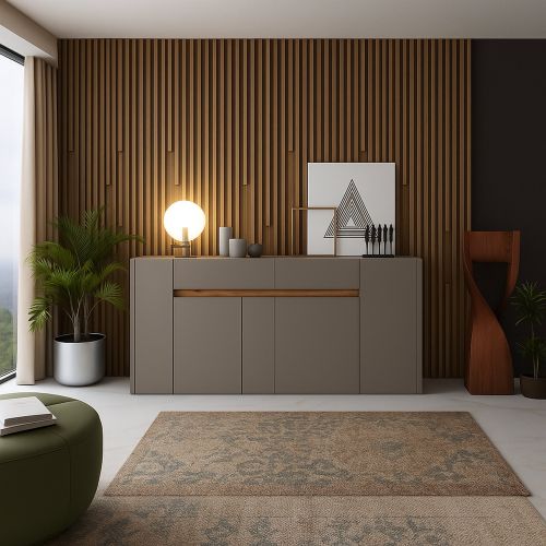 Credenza Grigio Tortora Marrone Quercia 3 Ripiani un Cassetto 170x40x85h cm, 4 Ante - Cirimido