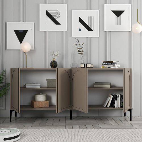 Credenza Grigio Tortora Nero 2 Ripiani 4 Vani 180x35x79h cm, 4 Ante - Torno