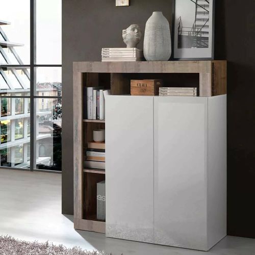 Credenza Gusana, Buffet da soggiorno, Madia da salotto, Dispensa da cucina, Made in Italy, 108x42 h127 cm, Bianco lucido e Acacia
