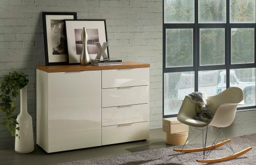 Credenza Harare, Buffet da soggiorno, Madia da salotto, Dispensa da cucina, Made in Italy, 120x43h89 cm, Bianco lucido e Rovere