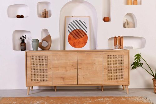 Credenza Hypsipyle, Buffet da soggiorno, Madia da salotto, Dispensa da cucina, 180x41 h81 cm, Quercia