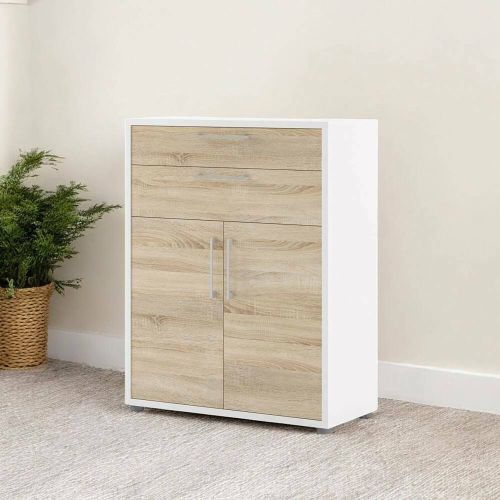 Credenza Jemima, Buffet da soggiorno, Madia da salotto, Dispensa da cucina, 40x89 h113 cm, Bianco e Quercia