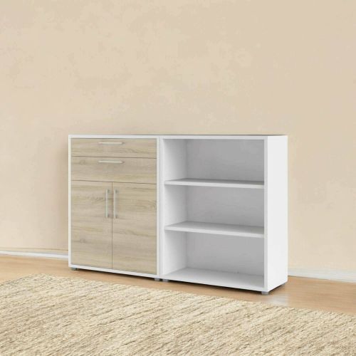 Credenza Josepha, Buffet da soggiorno, Madia da salotto, Dispensa da cucina, 178x40 h113 cm, Bianco e Quercia
