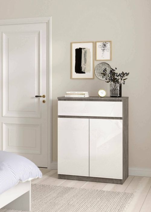Credenza Julienne, Buffet da soggiorno, Madia da salotto, Dispensa da cucina, 40x80 h100 cm, Cemento e Bianco