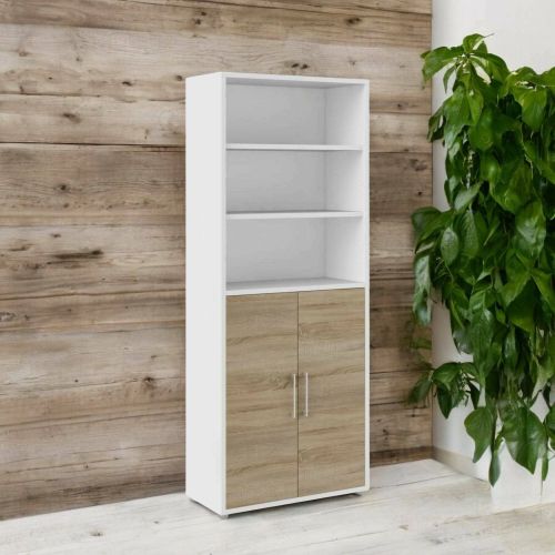 Credenza Karine, Buffet da soggiorno, Madia da salotto, Dispensa da cucina, 89x40 h222 cm, Bianco e Quercia