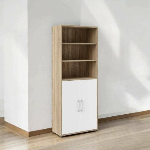 Credenza Karine, Buffet da soggiorno, Madia da salotto, Dispensa da cucina, 89x40 h222 cm, Quercia e Bianco