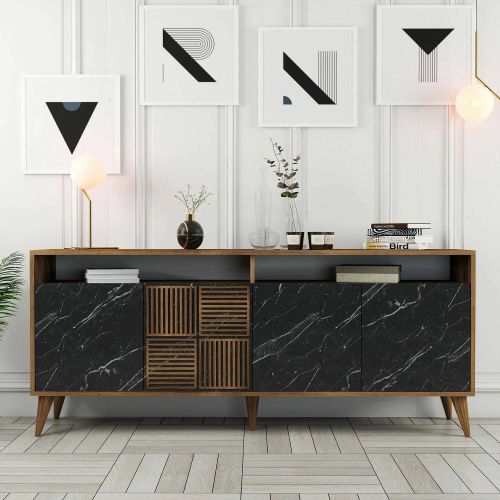 Credenza Kepler, Buffet da soggiorno, Madia da salotto, Dispensa da cucina, 180x35 h79 cm, Noce e Nero