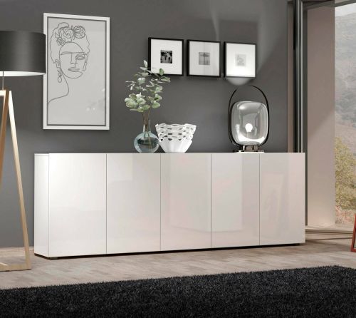 Credenza Komani, Buffet da soggiorno, Madia da salotto, Dispensa da cucina, Made in Italy, 225x38h79 cm, Bianco lucido