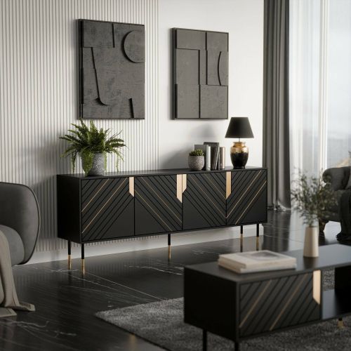 Credenza Landiona, 204x40 h72 cm, Nero e Oro