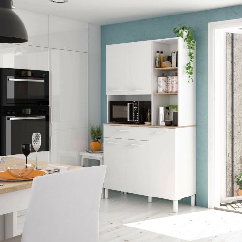 Credenza- Laredo, Mobile ausiliario da cucina, Credenza a 5 ante e 1 cassetto con ripiani, Armadio aperto, 108x40h186 cm, Bianco e Rovere