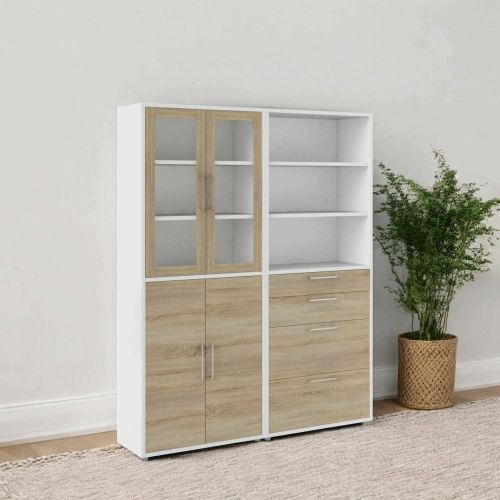 Credenza Lauriane, Buffet da soggiorno, Madia da salotto, Dispensa da cucina, 40x178 h222 cm, Bianco e Quercia
