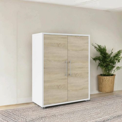 Credenza Leocadie, Buffet da soggiorno, Madia da salotto, Dispensa da cucina, 89x40 h113 cm, Bianco e Quercia