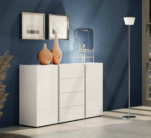 Credenza Libreville, Buffet da soggiorno, Madia da salotto, Dispensa da cucina, Made in Italy, 140x38h92 cm, Bianco lucido e Antracite